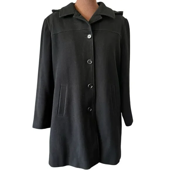 Gallery Wm’s XL Black Winter Coat 80% Wool Single Breast Detachable Hood - Picture 1 of 13